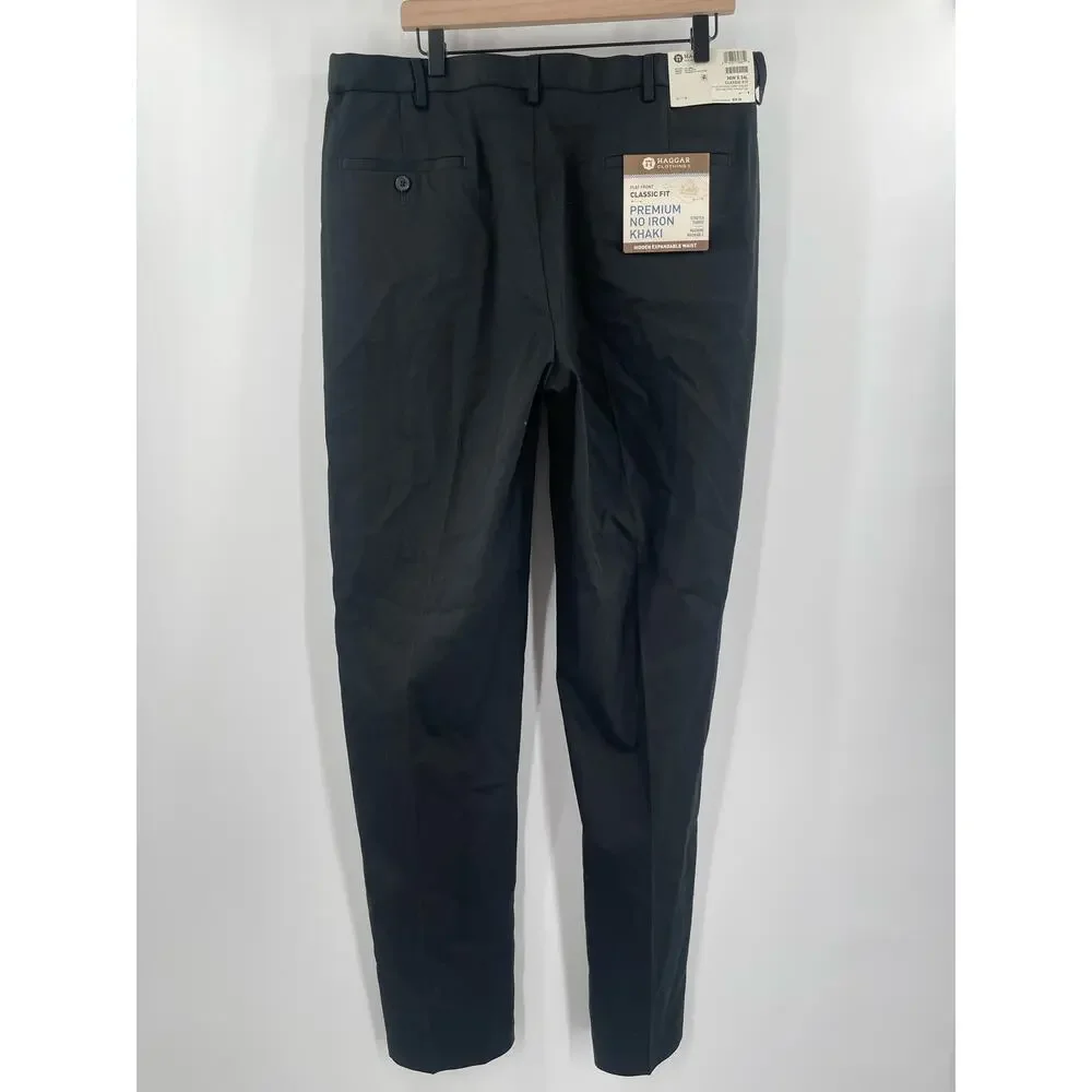 HAGGAR Dress Pants Size 36Wx34L NWT Black Flat Front Classic Fit No Iron Khaki